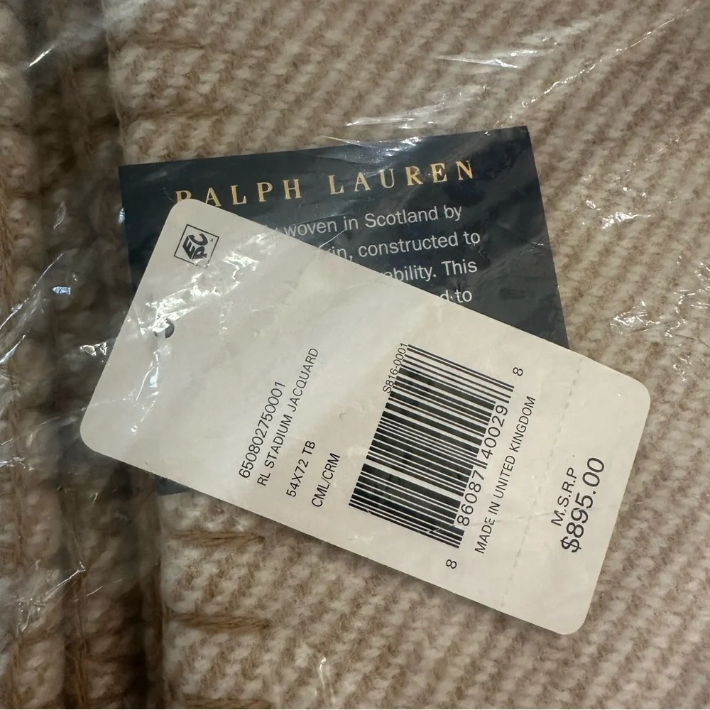 Ralph Lauren Stadium Jacquard Throw Blanket in Camel/Cream Sz 54x72 NWT